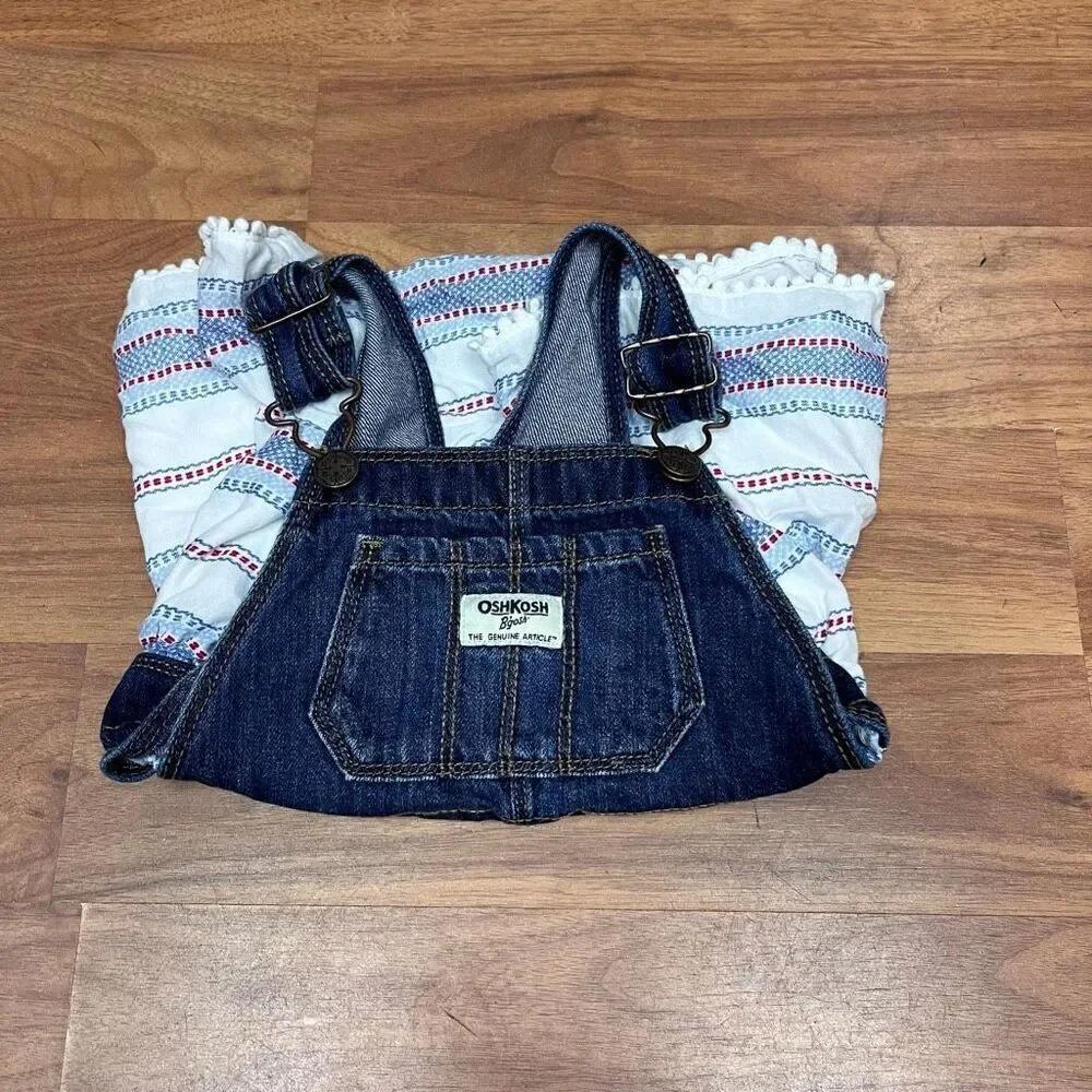 OshKosh B'gosh Kids Girls Red White Blue Denim Stripe Overall Jumper Dress 3T